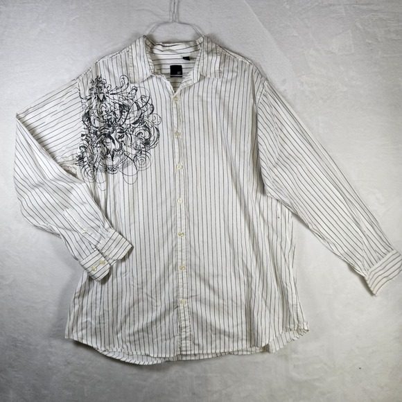 JF J.Ferrar 2XLT 2XLG Pinstripe Long Sleeve Button Down Shirt with Graphic - Picture 1 of 7
